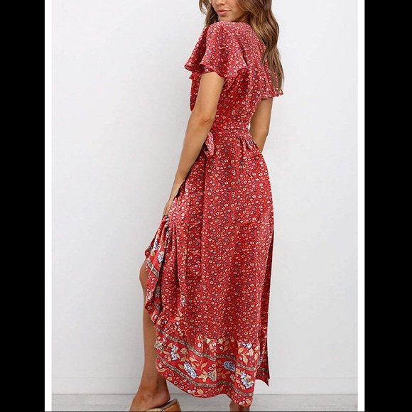 🆕Floral Wrap V Neck Beach Flowy Ruffle Midi Dress - Picture 2 of 2